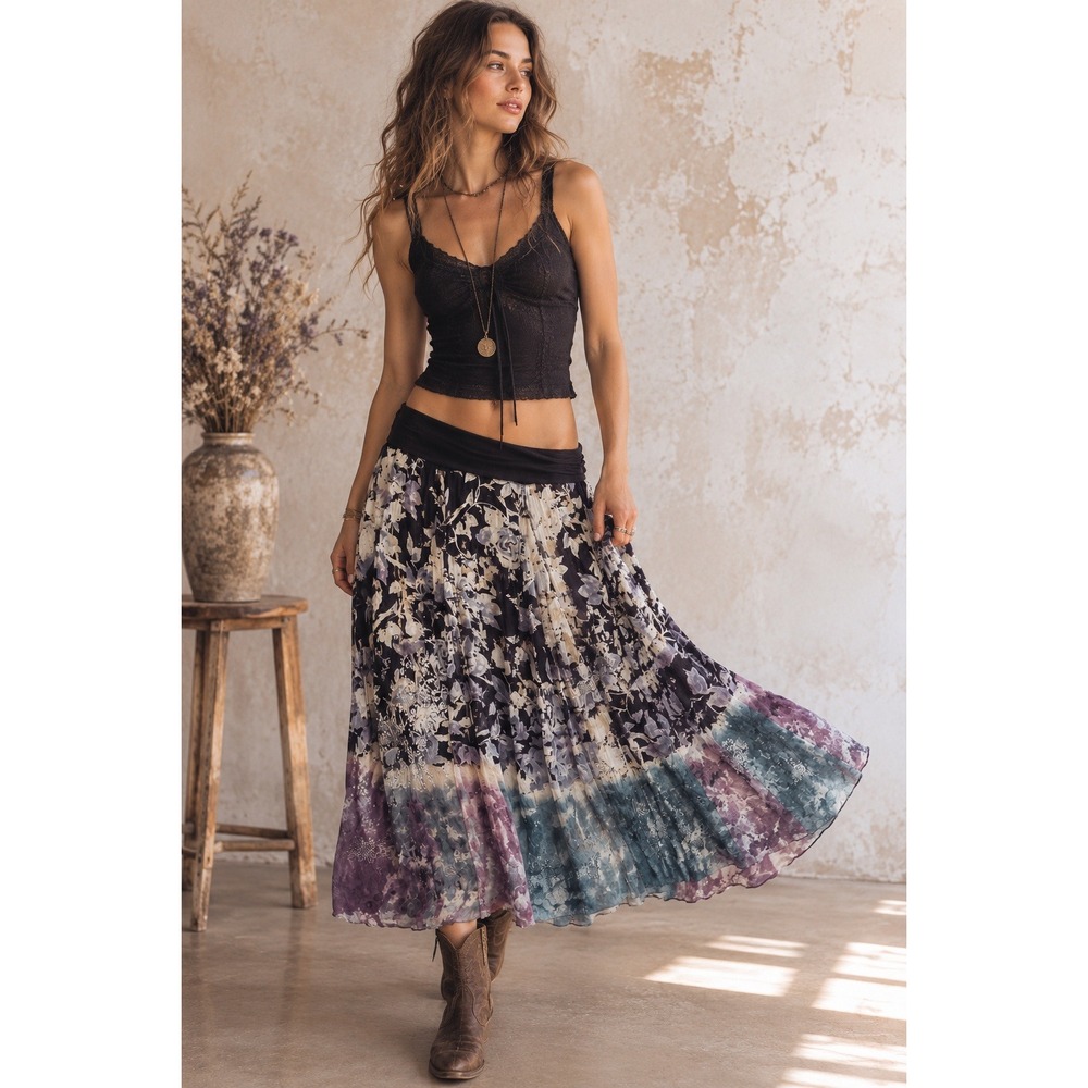 Lucky & Coco Cotton Floral Tie-dye Embroidered Midi Skirt M Boho Y2K 90s Artsy